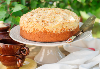 Round Streusel Fruit Cake on a Cake Stand