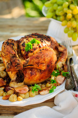 Whole Roast Chicken with Grapes, Garlic and Almonds