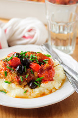 Chicken with Tomatoes, Capsicums and Olives over Potato Mash