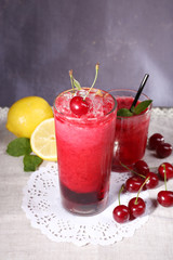 Fresh cold cherry cocktail with mint and lemon