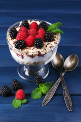 Healthy breakfast - yogurt with  fresh berries and muesli