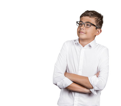 teenager thinking daydreaming looking up white background 