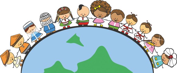 Doodle children of different nationalities on Earth