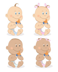 Baby boy and girl with feeder set