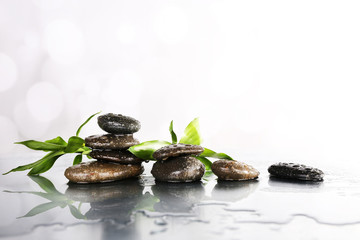 Spa stones, leaves, bamboo branches flooded with water surface