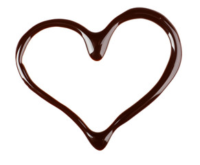 Chocolate syrup drips in shape of heart isolated on white