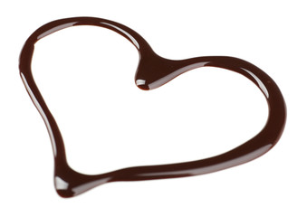 Chocolate syrup drips in shape of heart isolated on white