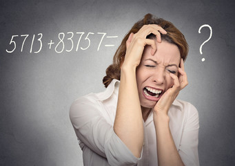 Stressed woman can't solve math problem crying face expression