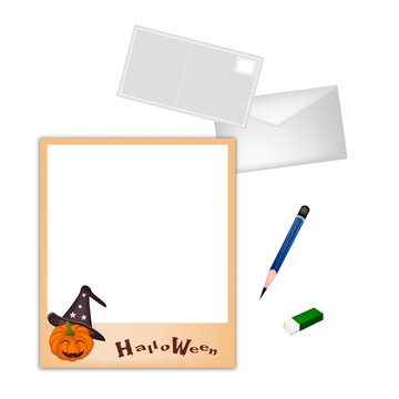 Pencil and Envelope with Jack-o-Lantern Pumpkin Instant Camera