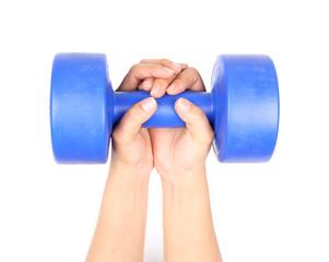 hand with blue dumbbell on a white