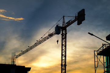 silhouette of building construction on evening