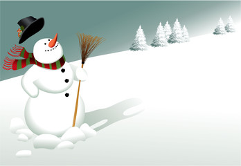Winter background with cartoon snowman