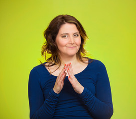 sly, scheming woman planning prankster revenge green background 
