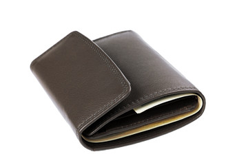 brown leather wallet or purse with money isolated on white