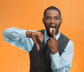Man showing disgust giving thumb down for poor service