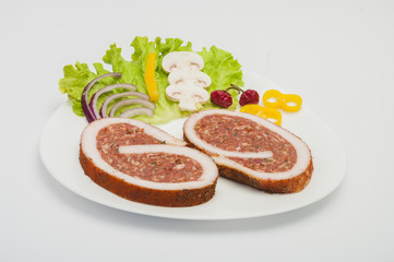 raw pork Meat Loaf with spices on white