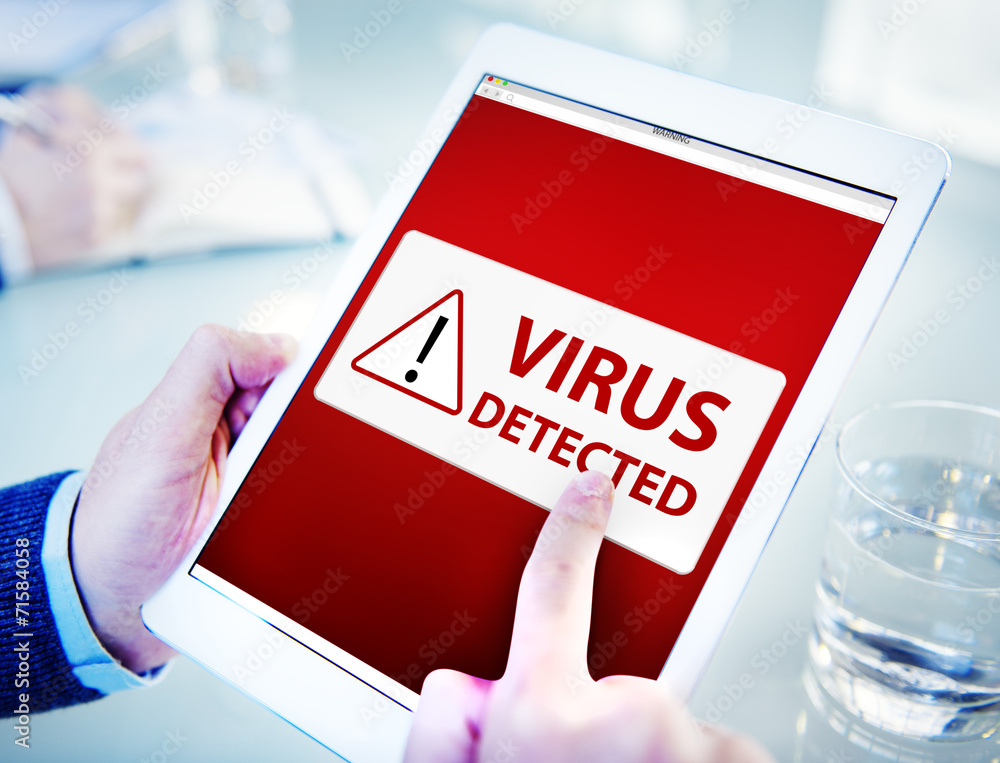 Aufkleber man using a digital tablet with virus