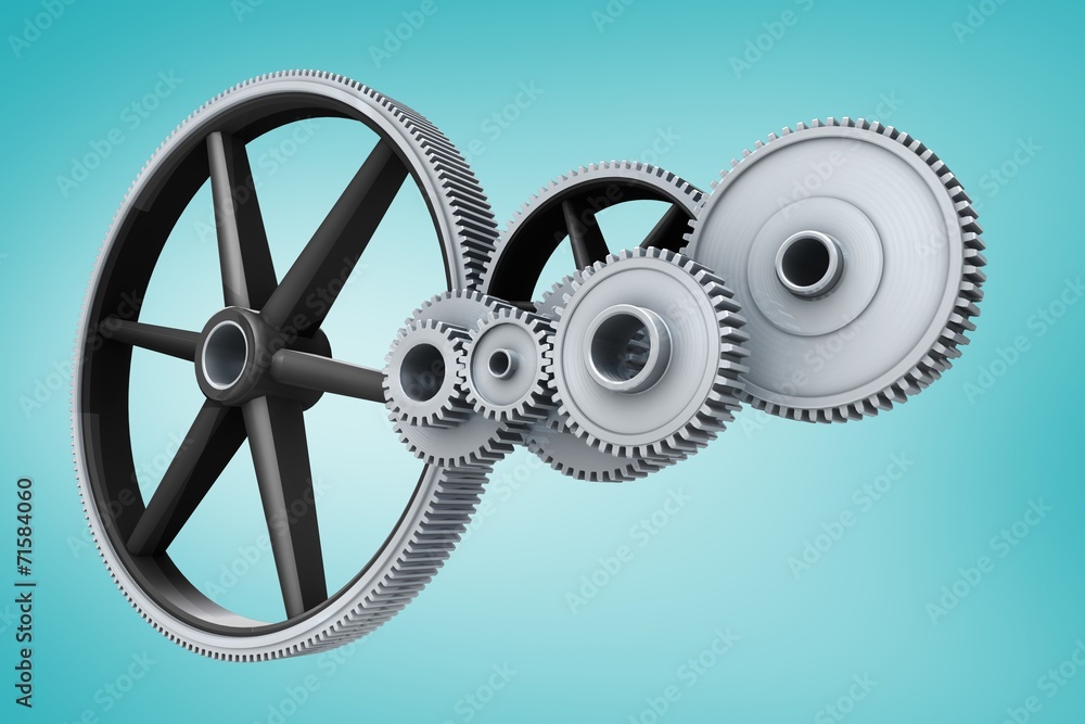 Poster composite image of white cogs and wheels connecting