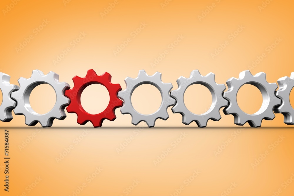 Poster Composite image of red and white cogs and wheels