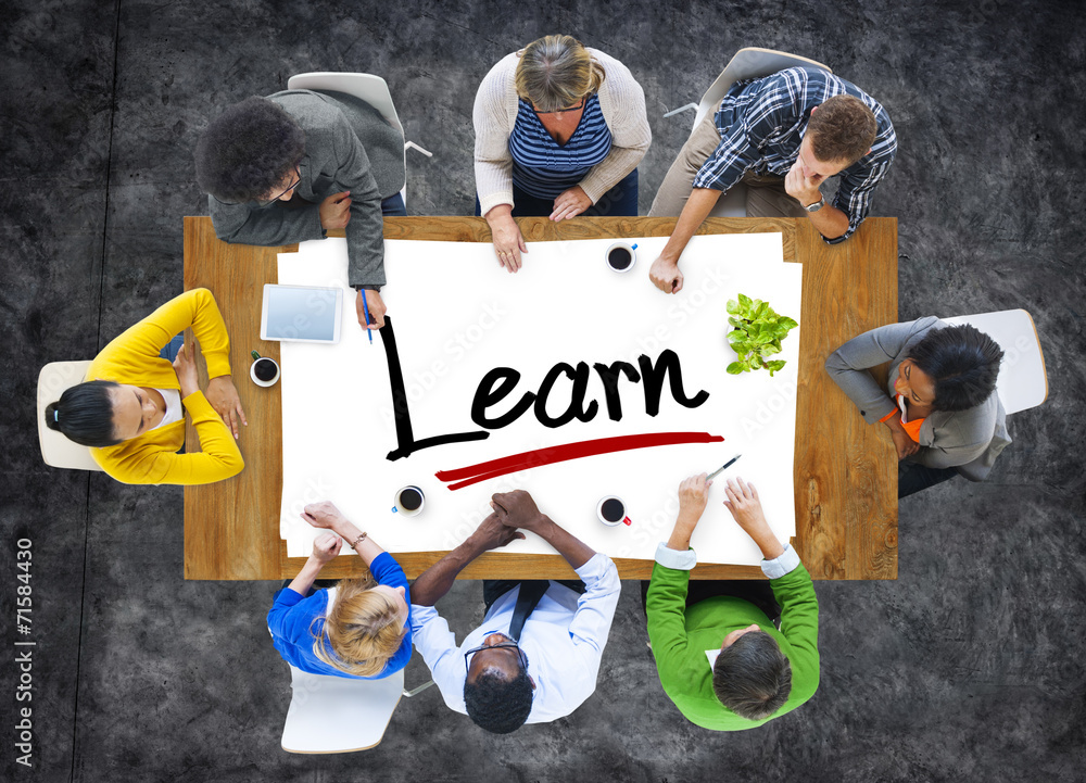 Poster multiethnic group of people discussing about learn