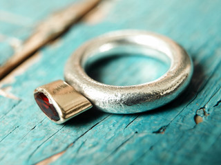 Gold ring with red stone, close up