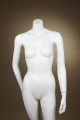 Incomplete female mannequin against brown background