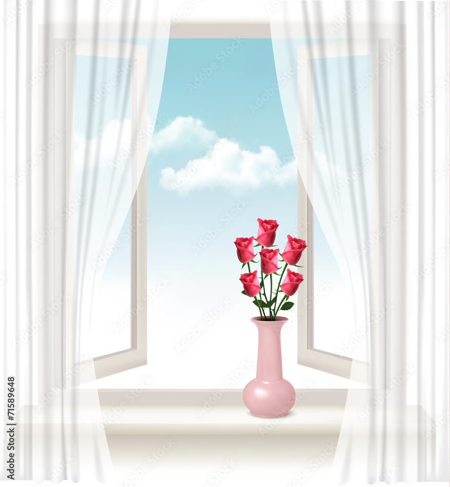 Aufkleber Background with an open window and a vase with roses. Vector.