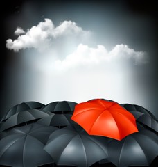 One red umbrella in a group of grey umbrellas. Uniqueness concep