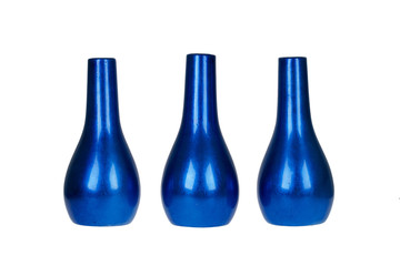 Three bright blue vases isolated