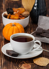 Autumn Concept. Cup Of Tea Or Coffee. Dried Fruits. Pumpkins. Wo