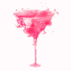 Pink cosmopolitan alcohol cocktail illustration with watercolor - obrazy, fototapety, plakaty