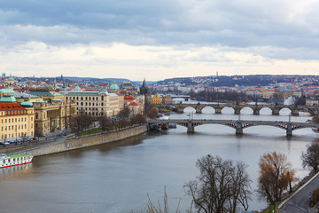 Fototapeta na wymiar View of the bridges on cold spring or autumn day, Prague, the Cz