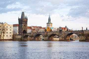 Fototapeta na wymiar Panorama on Charles Bridge in Prague in the eveining