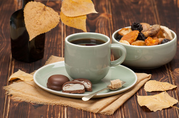 Autumn Concept. Cup Of Tea Or Coffee. Dried Fruits. Chocolate Sw