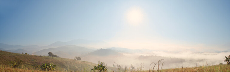 Mist and Sunny Mountain Landscape Panorama View