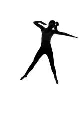 Fototapeta na wymiar Silhouette of young woman dancing against white background