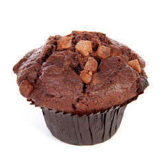 One brown chocolate muffin over white background
