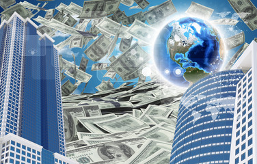 Fototapeta na wymiar Buildings and Earth. Dollars falling from the sky