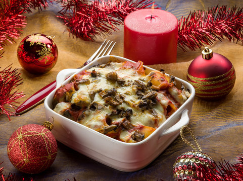 Oven Pasta Over Red Christmas Table