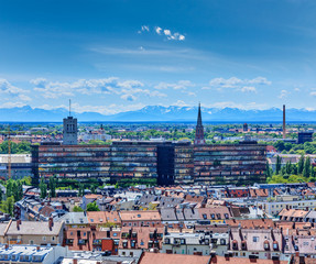 Aerial view of Munich with Bavarian Alps in back