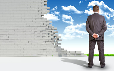 Businessman and ruined brick wall with nature landscape