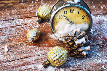 outdated watches on the background of Christmas tree decorations