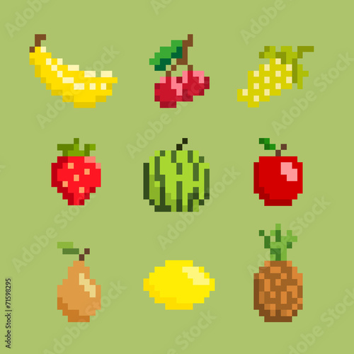 Pixel Art Fruit And Berries Icon Set Stock Image And