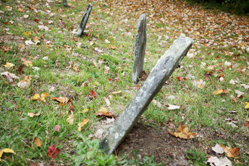 Old Grave Markers with Fallen Foliage on the Ground
