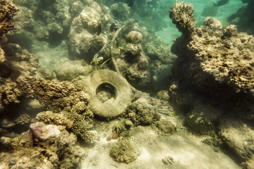 Debris on the bottom of the Red sea corals in Egypt