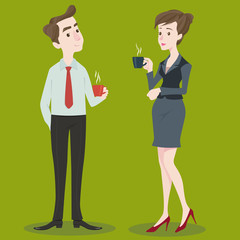 Businesswoman and businessman drinking coffee.