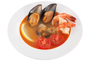 Seafood soup with fresh tomatoes, isolated on white background