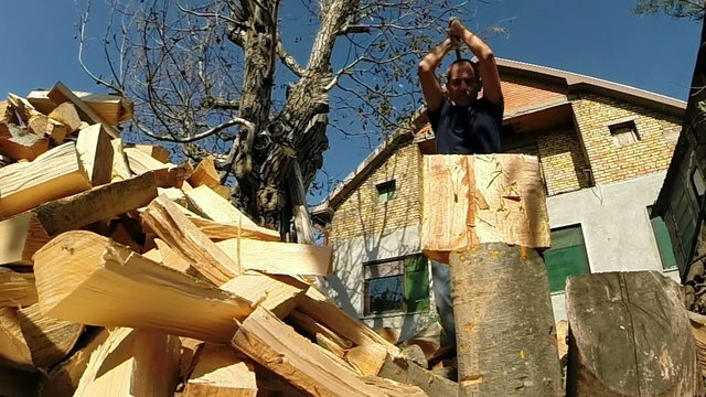Man Splitting Firewood Slow Motion