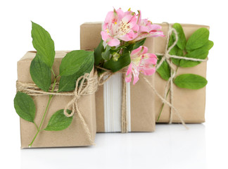Natural style handcrafted gift boxes with fresh flowers and