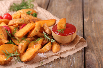 Homemade fried potato with spices and herbs